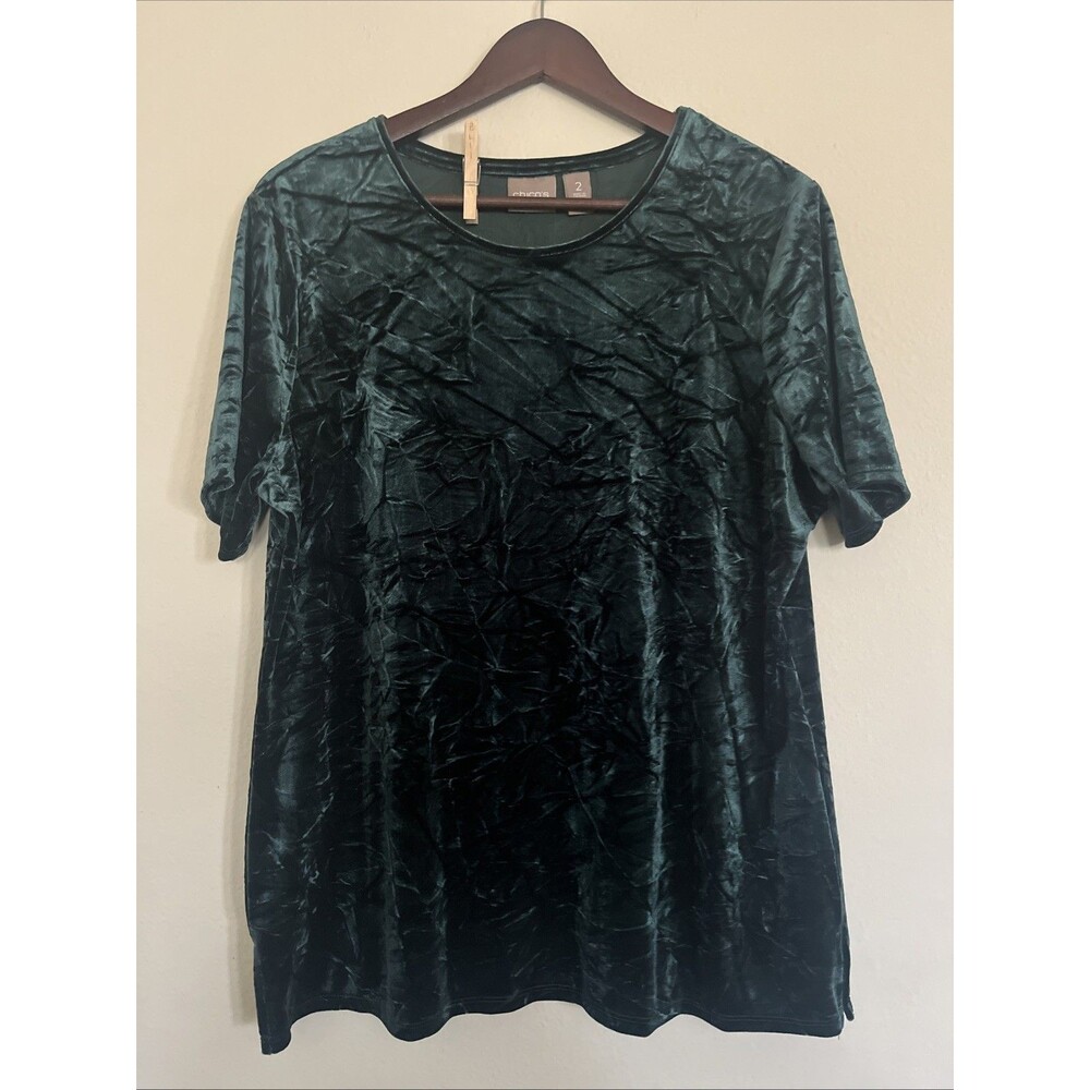 Chico's Forest Green Velvet Round Neck Short Sleeve Tunic Stretch Top SZ 2 / M